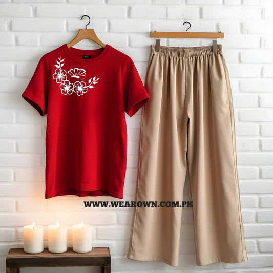 RED TEE WITH SHOULDER FLOWER BUTTERFLY SKIN FLAPPER