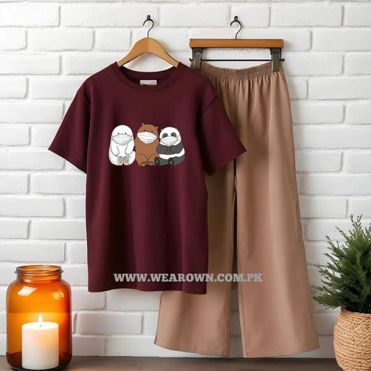 MEHROON TEE WITH 3 BEAR MASK SKIN FLAPPER