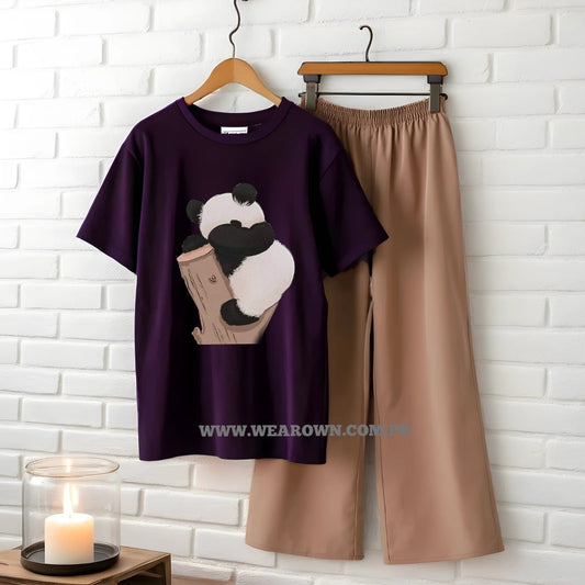 PURPLE TEE WITH PANDA SLEEPING ON TREES SKIN FLAPPER